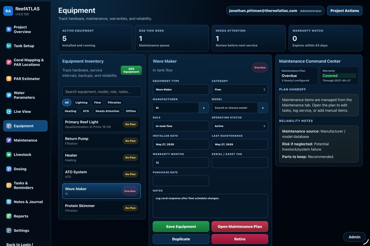 ReefATLAS equipment inventory screen