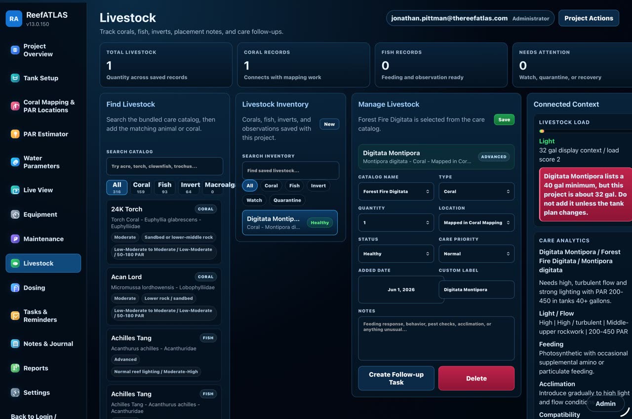 ReefATLAS livestock management screen
