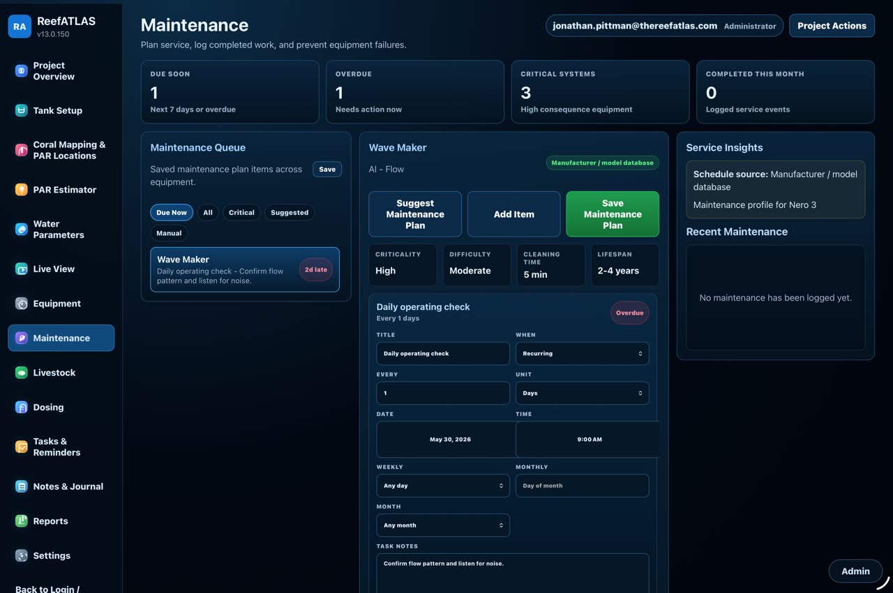 ReefATLAS maintenance planning screen
