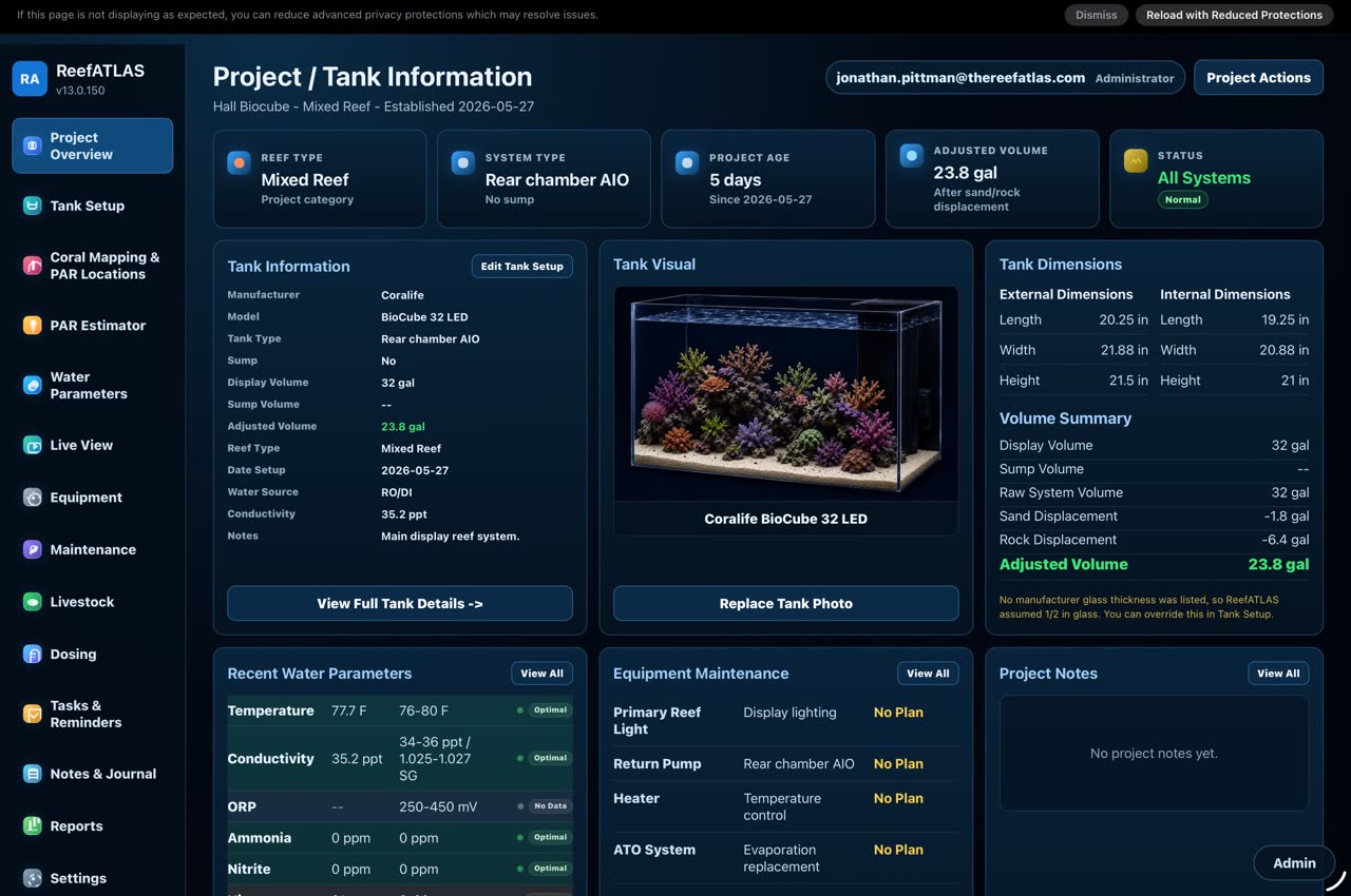 ReefATLAS project overview screen