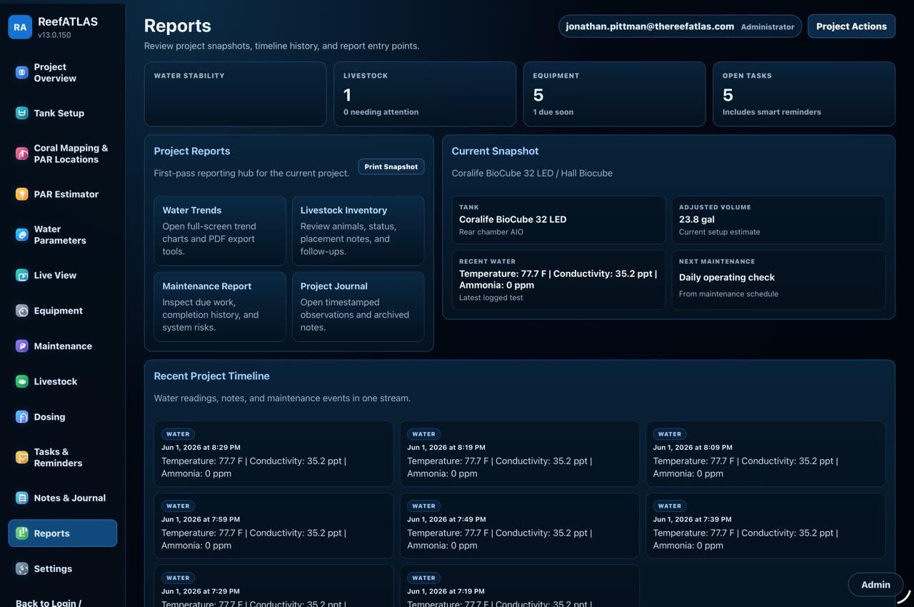 ReefATLAS reports screen