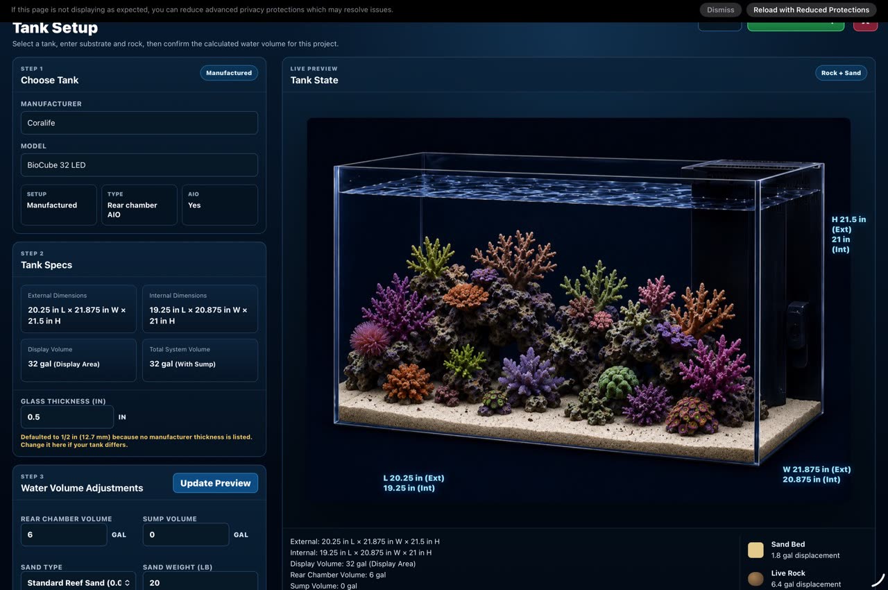 ReefATLAS tank setup screen