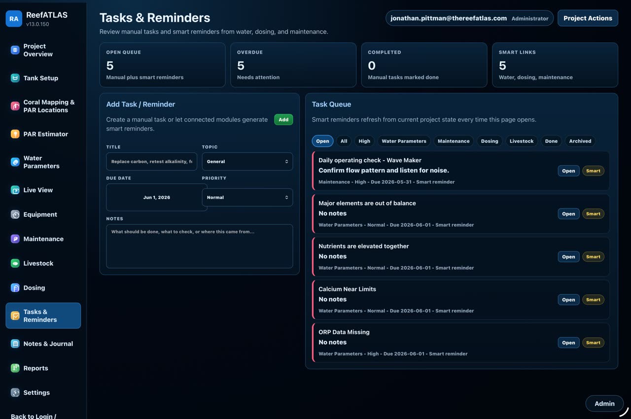 ReefATLAS tasks and reminders screen